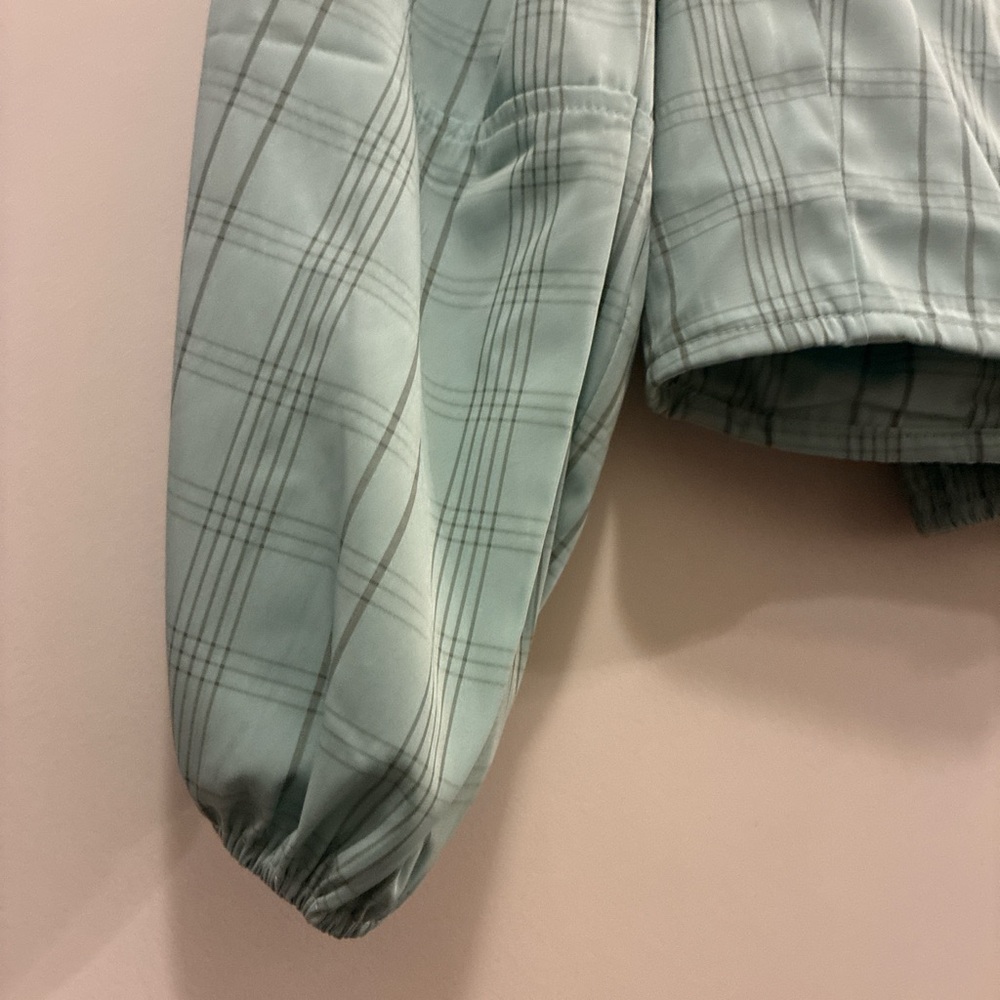 Mint BURU Plaid Women's Top - Sweetheart Neckline & Puffy Sleeves - Picture 5 of 6